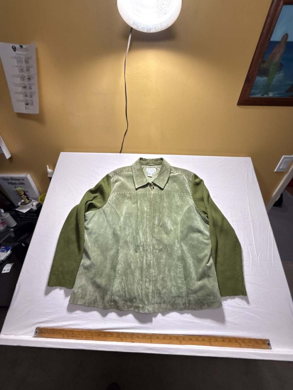Live a Little Suede Leather Jacket Size 3X Green Knit Sleeves